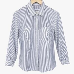 Maeve Anthro 8 Striped Blouse Bustier Detail Blue White Button Parisian Coastal